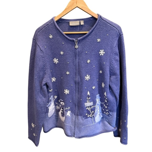 Croft & Barrow Women’s blue Snowman Winter Zip Cardigan Sweater XL Embroidered - Picture 3 of 14